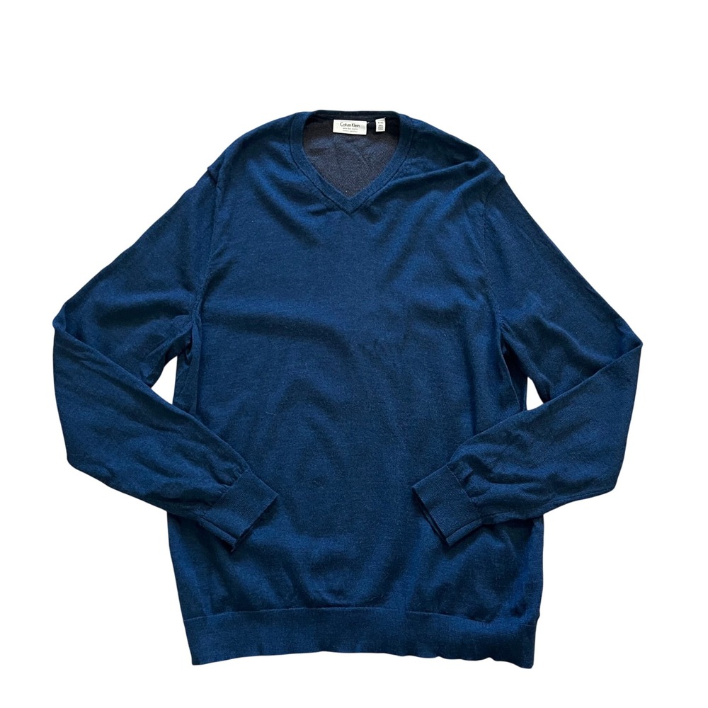 Calvin Klein Mens XL Extra Fine Merino Wool V-Neck Sweater Navy Blue Solid